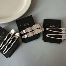 2pcs Solid Color Casual Zinc Alloy Minimalist Metal Silver Wave Line Geometric Rectangle Water Drop Alligator Hair Clips - Multicolor - View 4