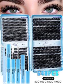 640/528pcs D-Curl Fluffy False Eyelashes Set, Includes Beginner Eyelash Tutorial, Thick & Voluminous Detachable Lashes, With Glue, Sealer, Tweezers, Lash Brush, Enlarges Eyes, Lightweight & Reusable, Large Capacity Individual Lashes Set, Soft & Natural Mixed Lashes, Creates 3D Volumized Eye Makeup, Suitable For DIY At Home, Travel, Daily Commute, Parties, Weddings, Bridal Makeup - 黑色 - 查看 3
