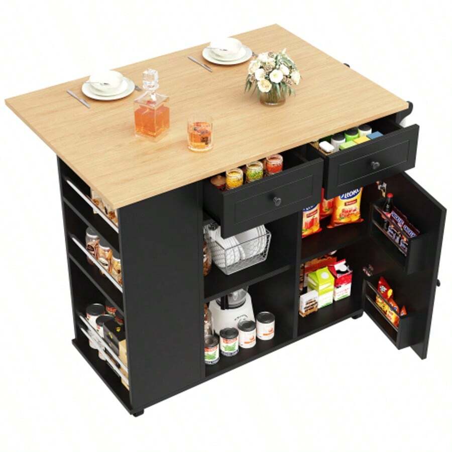 Kitchen Island With Removable Partitions, Kitchen Unit, Serving Cart With Worktop, Sideboard, Wood-Finish Serving Cart, Equipped With A Snack Holder And A Wine Glass Rack, Black