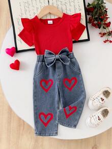 2pcs/Set Baby Girls Casual Red Ribbed Ruffle Sleeve Top And Heart Print Bow Waist Denim Pants Set - Red - View 2