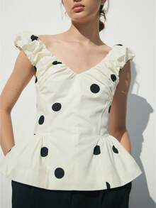 Women's Polka Dots Top Bubble Strap Sleeveless V Neck  Zip-Up Backless Elegant Shirt Ruffle Hem Going Out Blouse Top - trắng - Xem 3