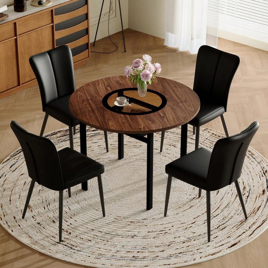 Dining Table & Chair Sets - Brown+Black + Glass+Metal + PU Leather + Seats 4 - View 1