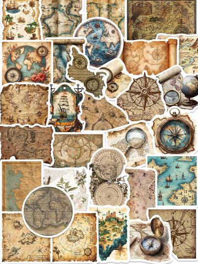 50PCS Vintage Travel Pirate Treasure Map Journaling Aesthetic Stickers Greek Mythology Adventure Journaling Water Bottles Stickers Antique Map Prints For Teenagers Adults Art Lover Gift Decals