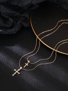 2pcs/Set Fashionable Hip-Hop Micro-Inlaid Zirconia Double Cross Pendant Necklace Set, Suitable For Women's Daily And Casual Wear - Yellow Gold - View 4