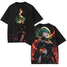 Camiseta gráfica extragrande de Flame Tatsumaki One Punch Man, vintage Y2K, doble impresión, lavado ácido, camiseta de algodón suave unisex, ropa de calle, top clásico de cuello redondo, película de manga, ropa de hombre, regalo para fans, merch de anime otaku, top casual - Negro - Ver 2