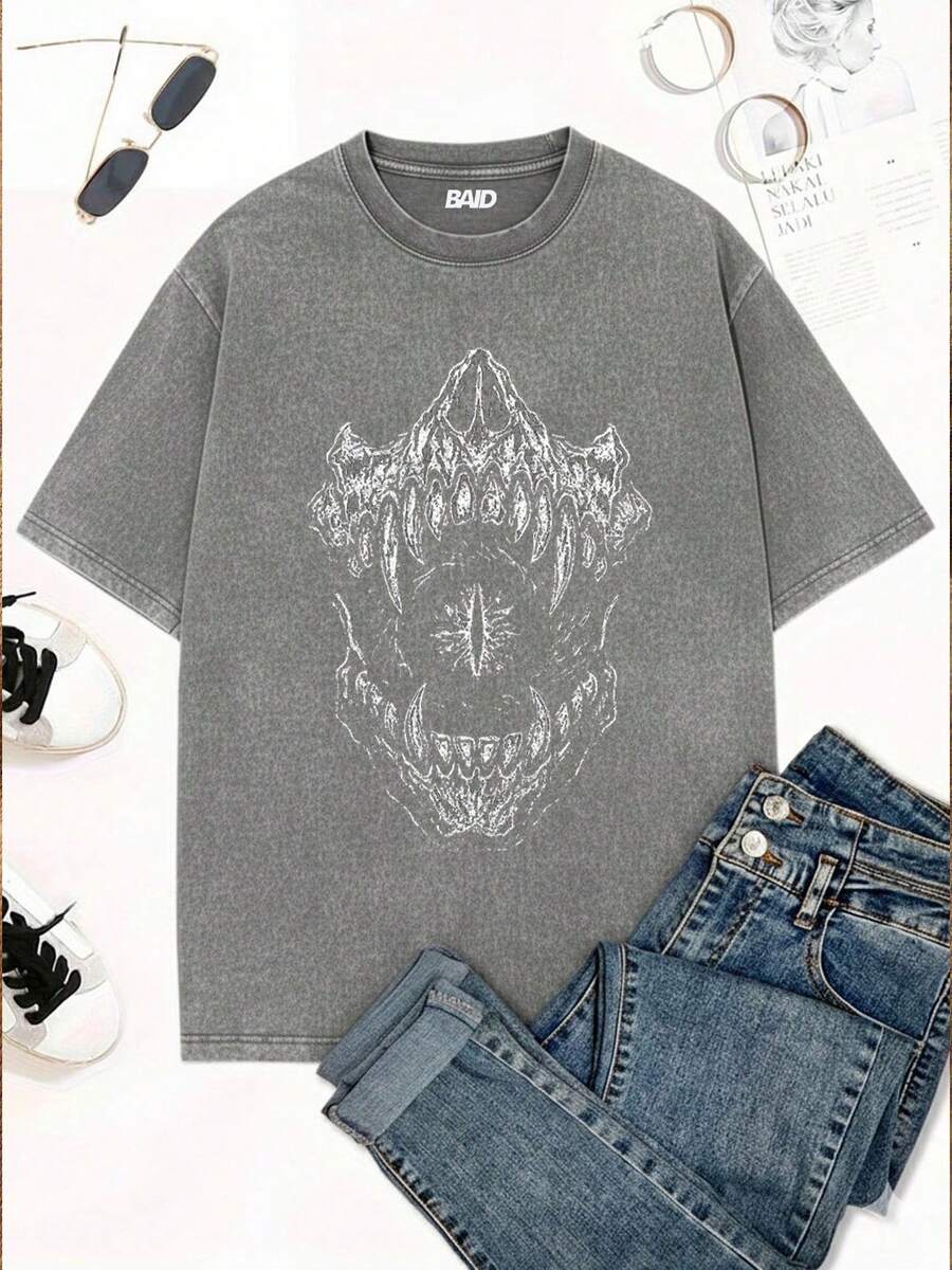 Stonewashed Streetwear T-Shirt With Mouth And Eyes, Dark Gothic, Women's, Emo, Gothic Fans, Street Fashion, Urban Culture, Unisex, Men's And Women's, 100% Cotton, Top Premium Streetwear, New Release, Immediate Shipping, Various Colors!! - 灰色 - 查看 1