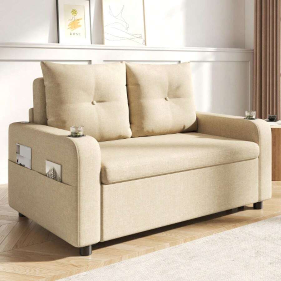 3-In-1 Sofa Bed, Additional Sofa Beds With Sofa Functions, Dual Sofas With Storage Compartments, Side Tables, Kisses And USB Connectors, Modern Design, Suitable For Furniture And Sofas, Beige - Beige - View 1