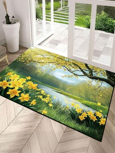 1pc Green Grass Surrounded Lake Scenery Doormat, Square Absorbent Non-Slip Carpet, Entrance Mat, Gray Carpet, Kitchen Carpet, Bathroom Carpet, Small Rug, Kitchen Vinyl Carpet, Living Room Carpet, Runner Carpet