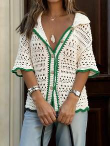 Áo khoác cardigan tay ngắn phong cách Bohemian dành cho nữ cỡ lớn, thiết kế tối giản phối màu tương phản, thích hợp cho các buổi ăn trưa hoặc ăn tối. - Trắng Xanh - Xem 8