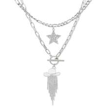 Juego de 2 Collares Apilables con Dije de Estrella y Diamantes de Imitación Brillantes Cadena Gruesa para Mujer - Borlas plateadas, sombrero blanco - Ver 8