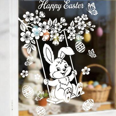 1/3pcs Easter Window Clings, Electrostatic Adsorption Window Film. Bunnies, Branches Decorated With Easter Eggs And "Happy Easter". Suitable For Bedroom And Home Decor. It's Reusable.