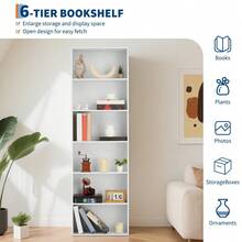 6-Tier Modern Industrial Bookcase, 71" Tall Freestanding Rustic Wood Bookshelf, Floor Standing Open Display Shelf, 250LB Capacity, For Home, Bedroom,  Living Room, Office, Library - Màu sắc: Trắng - Xem 3