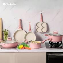 Sartenes Antiadherentes 15 Piezas, Bateria de Cocina, Juego de Sartenes de Induccion, Juego de Ollas y Sartenes, Fcil Limpieza, con Sartenes y Cacerolas Libre de PFOA, Rosa - Rosa - Ver 9