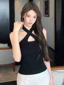 Women's Lightweight Elegant Criss-Cross V-Neck Spaghetti Strap Knit Camisole Top - Black - View 1