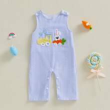 Toddler Girls Boys Clothes Ovrealls Rompers Easter Clothes Rabbit Carrot Embroidered Sleeveless Baby Bodysuits Jumpsuits - Baby Blue - View 14