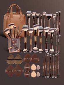 MAANGE 5pcs/13pcs/14pcs/17pcs/22pcs/38pcs Makeup Brush Set, Includes 14 Makeup Brushes + 1 Makeup Bag + 2 Makeup Sponges, Contains Foundation Brush, Blush Brush, Powder Brush, Eyeshadow Brush, Lash Brush, Eyebrow Brush, Lip Brush, Highlighter Brush, Concealer Brush. Makeup Brush Set, Travel Makeup Brush Set, Gift For Women And Girls. - Chocolate Brown - View 4