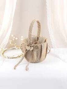 1PC Burlap Wedding Flower Girl Basket Double Heart And Bowknot For Vintage Rustic Wedding Baby Shower Party - Multicolor - View 7