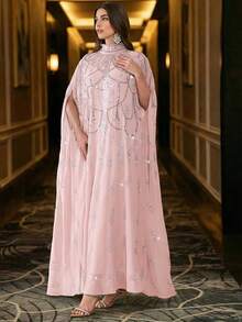 优雅串珠蝙蝠袖长款立领阿巴雅长袍，梭织面料刺绣设计 - 淺粉色 - 查看 4