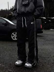 1件男士休闲印花抽绳腰裤，适合夏季街头休闲穿着 - 黑色 - 查看 4