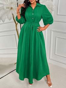 Amarilo 女士时尚优雅V领连衣裙，三粒纽扣，宽松灯笼袖，配腰带，适合节日场合 - 綠色 - 查看 5