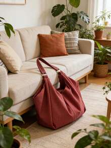Large Capacity Plaid Pattern Shoulder Bag, Zipper Closure Burgundy Ladies Crossbody Bag, Casual Versatile Tote Bag, Suitable For Work, Study, Travel - Redwood - View 10