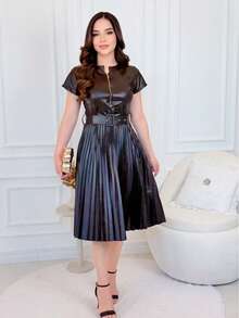 Pleated Dress In Faux Leather With Belt And Buckle, Modest Fashion, Winter Collection, Code 082 - Black - View 5
