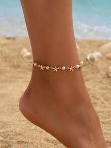 1pc Alloy Shiny Starfish & Faux Pearl Combo Anklet, Handmade Jewelry Suitable For Daily Wear, Beach Party, Date, Travel - Multicolor - View 1