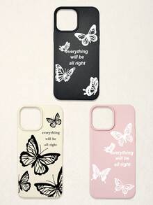 3pcs Butterfly Pattern Phone Cases, Motivational Slogan Positive Energy Phone Cases, Faux Leather Texture Black White Pink Shockproof Protective Covers, Compatible With IPhone & - Multicolor - View 43