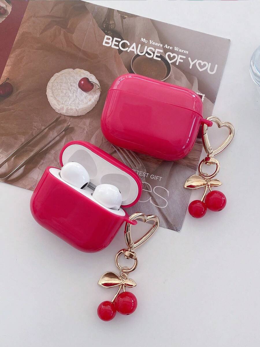 1个亮粉色亮面TPU蓝牙耳机保护套，带樱桃吊坠，可爱樱桃设计，兼容 Pro 3、 Pro（第二代）、 3、 Pro、 4，适合日常使用，春季、母亲节、生日、情人节和毕业季送礼佳品，快速发货