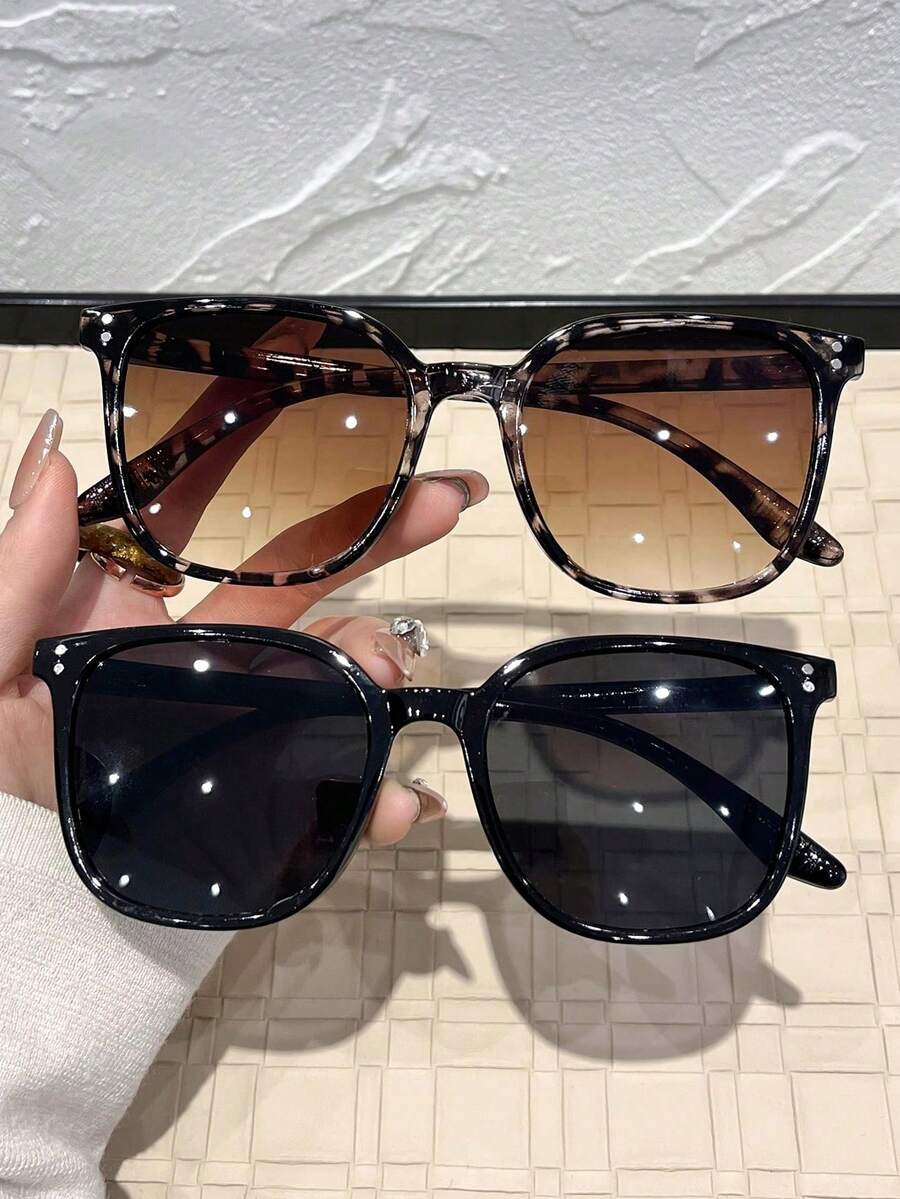 2pcs Women's Large Frame Black Leopard Print Plastic Glasses Sets, Fashion Outdoor Summer Beach Travel Party Accessories - 2pcs 黑白豹紋組合 - 查看 1