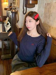 女士优雅韩版灰色刺绣长袖针织上衣，专为春秋季设计 - 藍色 - 查看 4