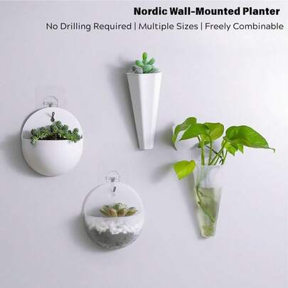 2个随机款式壁挂式水培花盆 - 塑料悬挂式花瓶带挂钩，室内植物墙面装饰容器，适用于绿萝和多肉植物，不含植物，挂钩随机发送