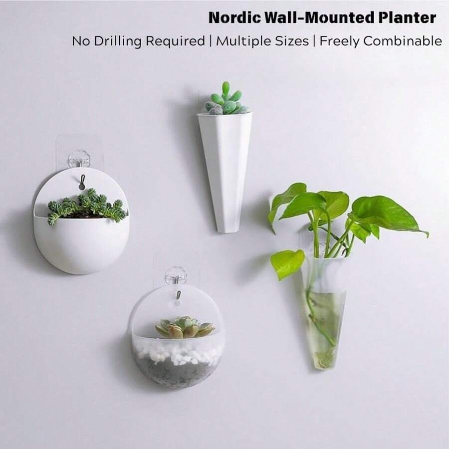2个随机款式壁挂式水培花盆 - 塑料悬挂式花瓶带挂钩，室内植物墙面装饰容器，适用于绿萝和多肉植物，不含植物，挂钩随机发送 - 隨機 - 查看 1
