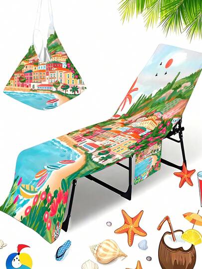 1pc Beach Lounge Chair Cover Set With City Landscape & Pool Print, Made Of Quick-Dry Microfiber, Suitable For Beach, Pool, Travel, Holidays, Includes Beach Towel With Pocket Bathroom Decor