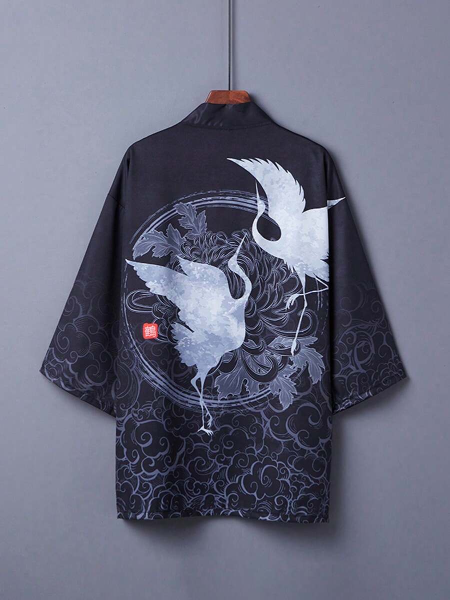 Retro Chinese Style Improved Hanfu Feather Crane Print Kimono Cover Up, Loose Fit Fashionable Summer Outerwear - Black - View 1