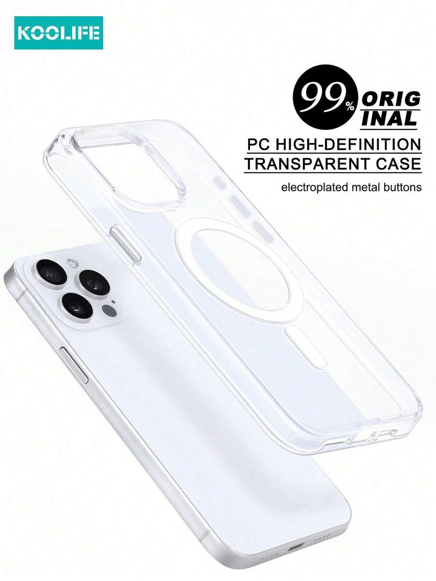 Koolife 1pc High Transparency Magnetic Phone Case, PC+TPU, Metal Buttons, Full Coverage Protection, Compatible With Apple 16/16 Pro/16 Pro Max/16 Plus/Apple 15/15 Pro/15 Pro Max/15 Plus/Apple 14/14 Pro/14 Pro Max/14 Plus/Apple 13/13 Pro/13 Pro Max - Clear - View 1