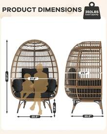 Sillón de ratán extragrande con forma de huevo para interior y exterior, con estructura de acero y 4 cojines para patio y porche, color negro. - Negro - Ver 3