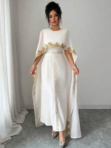 女士优雅V领喇叭袖金色蕾丝腰A字型长裙，亮杏色，适合早春穿着 - 杏色 - 查看 6