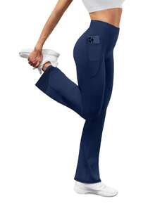 LKESRC Women's High Waisted Pocket Yoga Pants Seamless Flare Bootcut Athletic Casual Trousers - 海軍藍 - 查看 4
