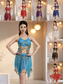 Belly Dance Mesh Halter Crop Top With Dangling Coins, Asymmetric Sheer Skirt With Coin Trim For Stage Performance & Carnival - Multicolor - View 2