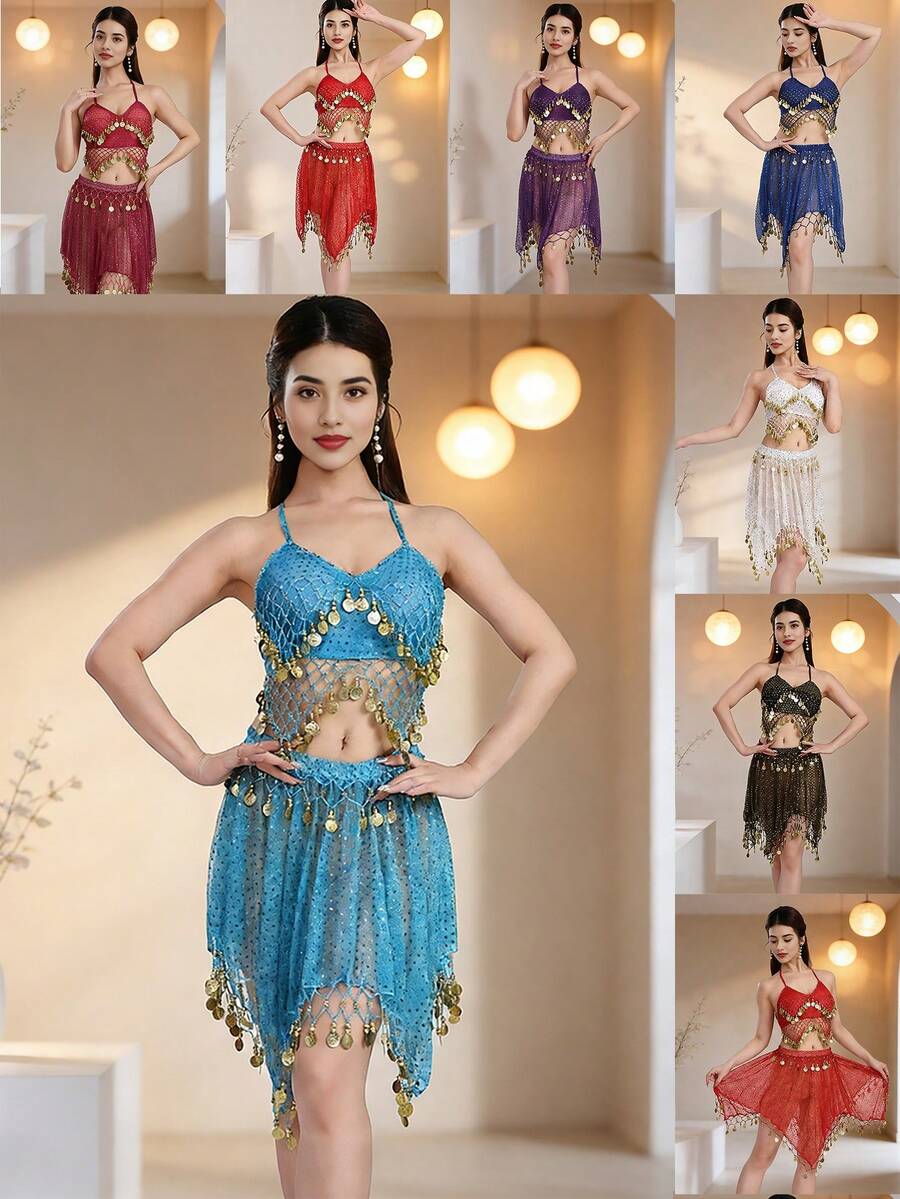 Belly Dance Mesh Halter Crop Top With Dangling Coins, Asymmetric Sheer Skirt With Coin Trim For Stage Performance & Carnival