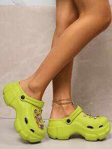 Women's Fashion New Golden Bear Chain Decor Peep Toe High Heels, Free DIY Detachable Accessory Pack Included (Accessory Pack Not Eligible For Quality After-), Suitable For Banquet, Ball, Party, Work, Daily Activities, Outdoor, Casual, Personalized High Heels, Peep Toe, Slippers, Sandals - Grass Green - View 5