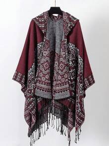1pc Geometric Floral Jacquard Casual Minimalist Hooded Poncho, Everyday Wear - Multicolor - View 9
