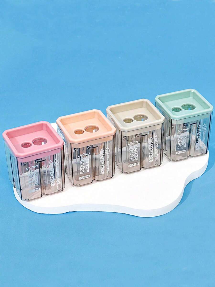4pcs Random Cartoon Double Hole Square Pencil Sharpener, Suitable For Various Pencil Types, Practical And Clean Design With Shavings Collector, Transparent To Check Remaining, Compact And Portable, Durable And Odorless, Ideal For Students And Office Use - Square - View 1