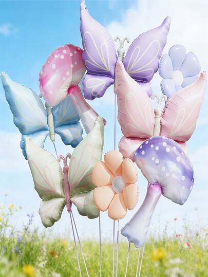 PAGEEBO 9pcs/Set 30-Inch Pastel Mushroom & Butterfly Balloons, Includes Cream, Pink, Purple Butterfly, Daisy Foil Balloons, Suitable For Butterfly Theme Party, Enchanted Forest Decor, Wonderland Birthday Party, Spring Event Decoration