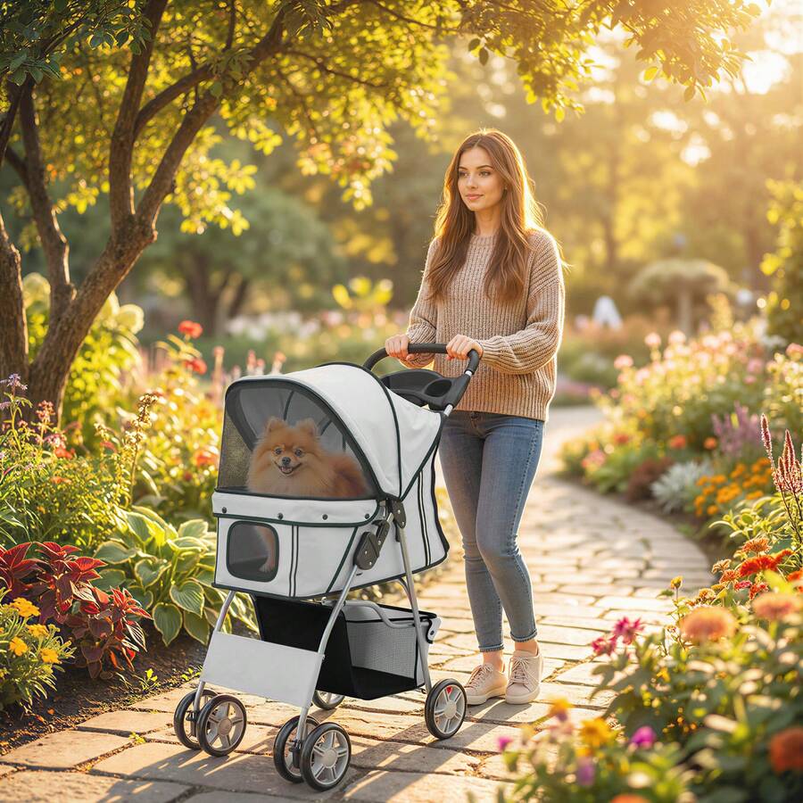 PawHut Carrito para Perros Plegable, Cochecito para Perros Pequeños con Cesta de Almacenaje, Ventanas de Malla, Portavasos, Ruedas y Cojín Lavable, Carga 10 kg, 77x44x102 cm - Gris - Ver 1