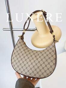 Women's New Retro Rhombus Pattern Zipper Closure Crescent Shaped Shoulder Bag, Adjustable Strap, Coffee Color, Suitable For Work, Casual, Commuting - Grey - View 2