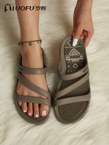 New LUOFU Fashion Summer Women Printed Slippers, Comfortable Rubber Insole Outdoor Casual Sandals, Beach Shoes, Anti-Slip House Slippers - Khaki - View 11