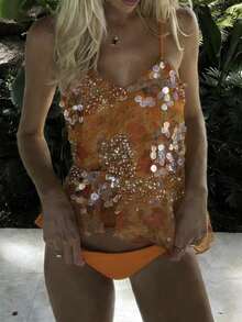 Women Glam Sequin Cami Top, Party Floral Print Sparkly Sequins Spaghetti Strap V Neck Peplum Blouse For Beach Vacation  Club Party - trái cam - Xem 3