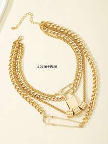 1pc Women's Exaggerated Striped Pendant Necklace With Lock, Dice And Layers, Everyday Wear - Yellow Gold - View 2